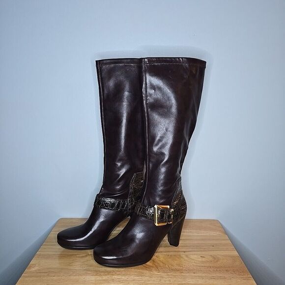 Franko Sarto High Heel Boots Knee High Buckle Brown 8‎ Pull On Faux Leather - Picture 1 of 10